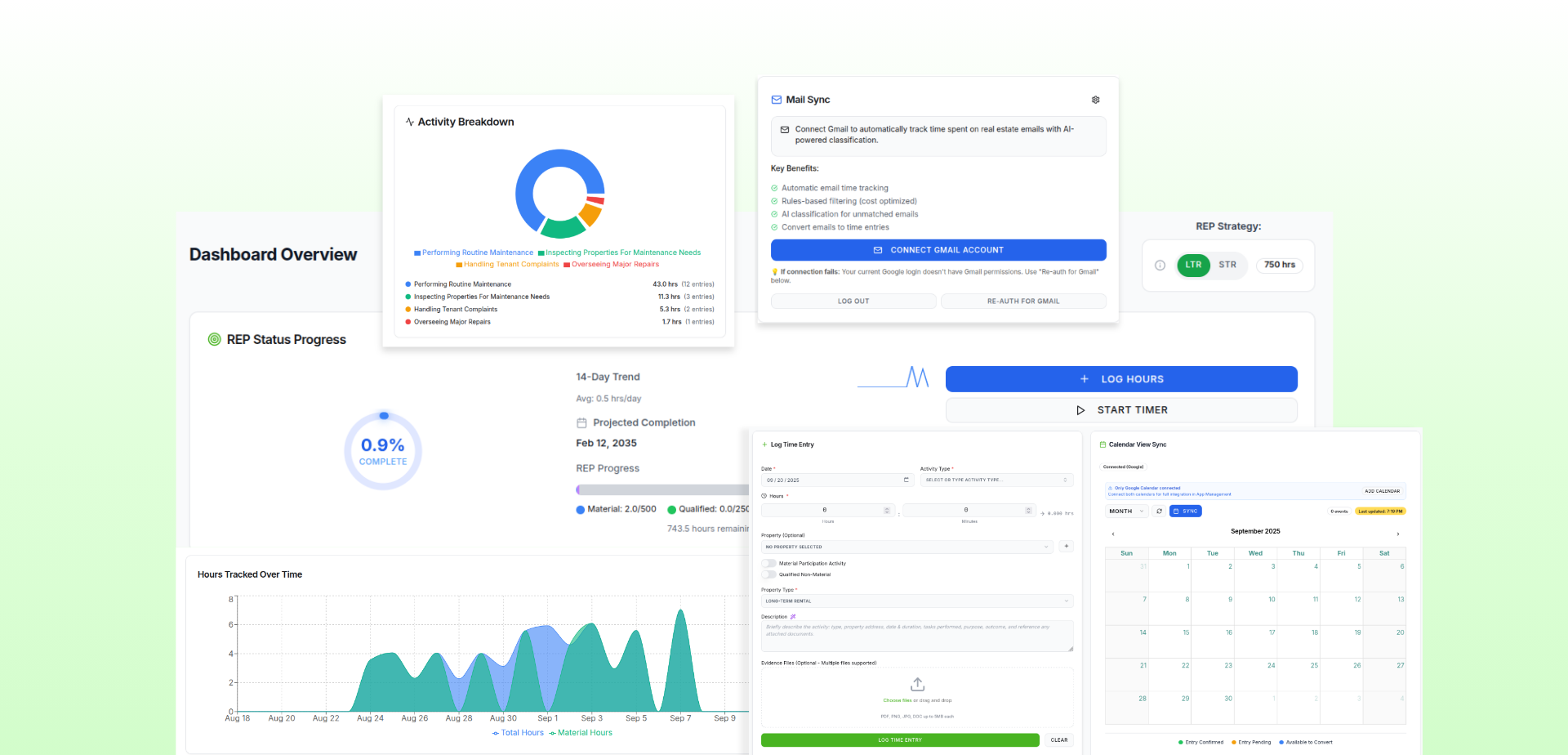 REPSShield dashboard showing REP status hours tracked, activity log, and compliance progress for a real estate professional